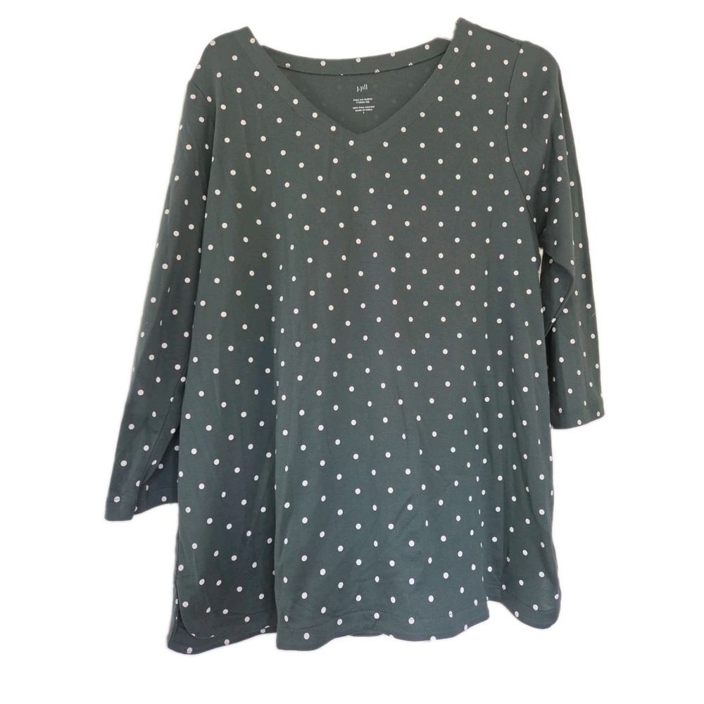 J. Jill Green Polka Dot V Neck Pima Cotton 3/4 Sleeve T-Shirt Size Large